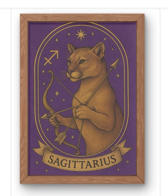 Sagitarius Zodiac Wall Art Wild Cat Astrology Print Gift For Him Or Her Celestial Big Poster Fire Sign Decor