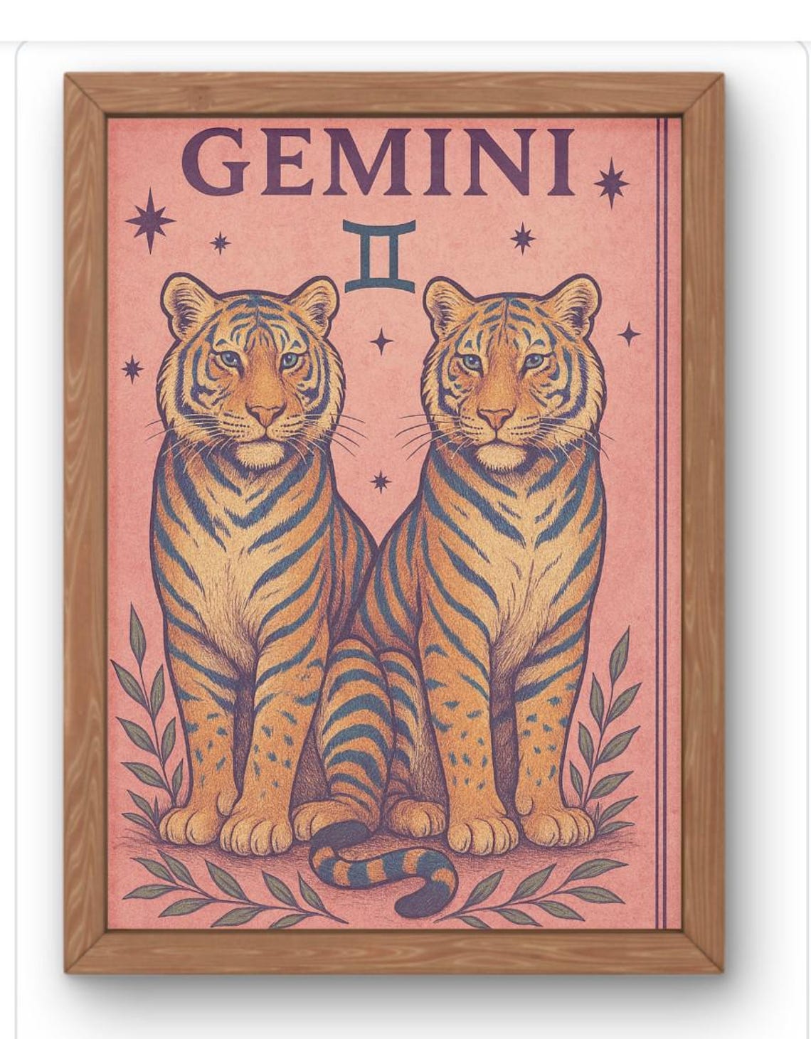 Gemini Zodiac Twin Tigers Pink Tarot Style Astrology Wall Art