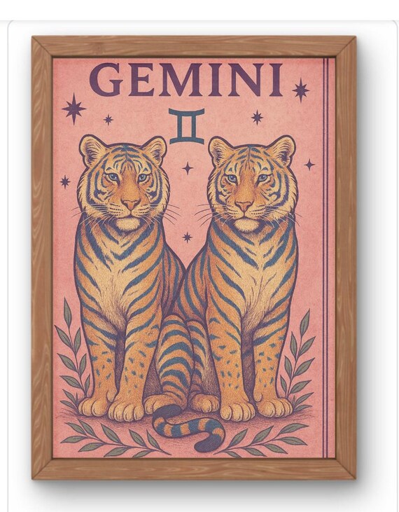 Gemini Zodiac Wall Art Wild Cat Astrology Print Gift For Him Or Her Celestial Big Poster Air Sign Decor Available A5 A1