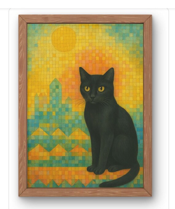 Black Cat in Golden Mosaic Sunset Whimsical Fantasy Feline Print