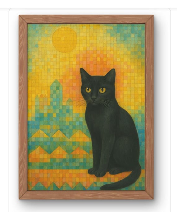 Black Cat Mosaic Art Print Sunset Fantasy Wall Whimsical Feline Illustration For Home Decor Available In A5a1