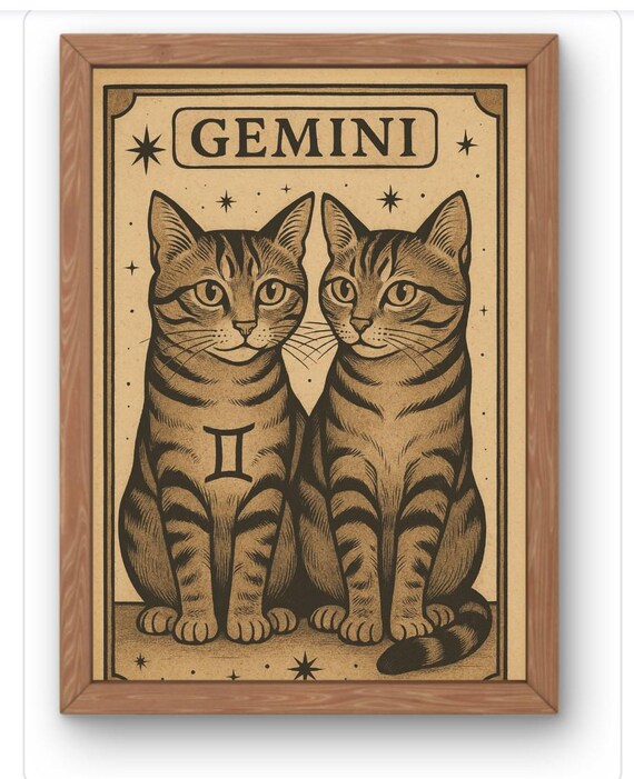 Gemini Cat Zodiac Art Print Vintage A Strology Wall For Season Whimsical Horoscope Decor Lovers Gift