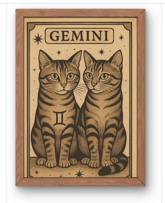 Gemini Twin Cats Zodiac Tarot Style Vintage Engraving Poster