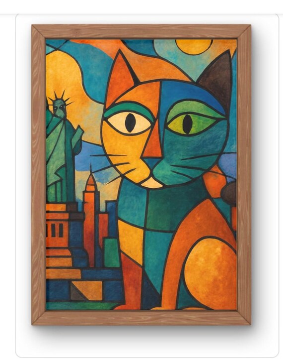Cubist Cat With Statue Of Liberty New York City Modern Art Poster