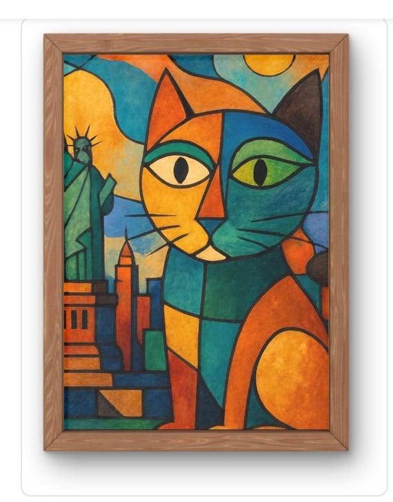 Statue Of Libert Cat Art Print Colourful Cubist Nyc Inspired Wall Decor In Picasso Style Available A5 A4 A3 A2 And A1