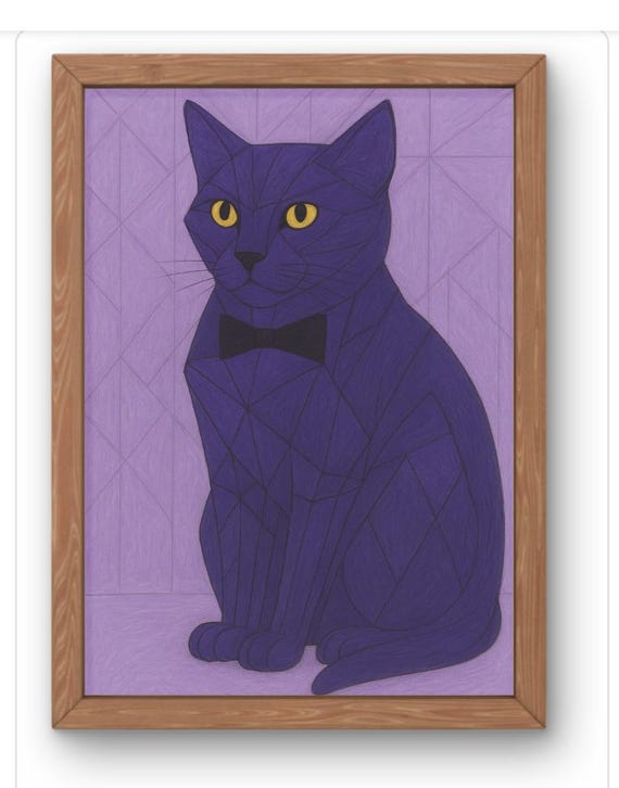 Geometric Purple Cat Art Print Abstract Modern Feline Illustration Stylish With Bow Tie Wall Decor Available A5 A1