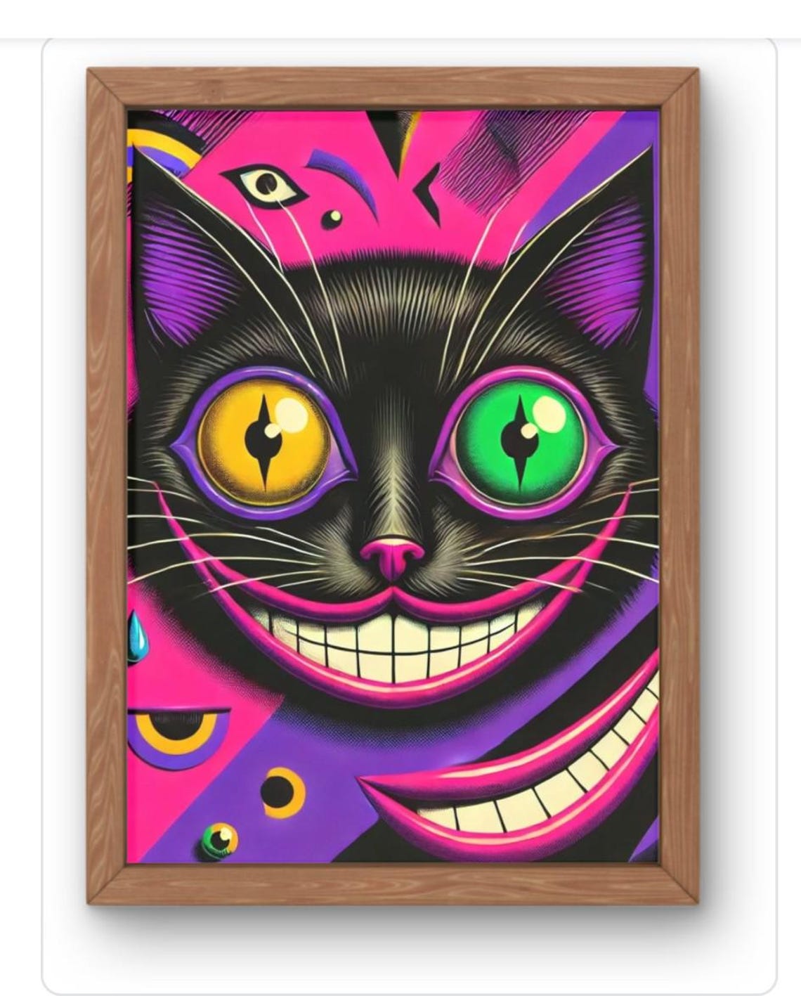Psychedelic Grinning Black Cat Neon Pink Purple Pop Art Feline Poster