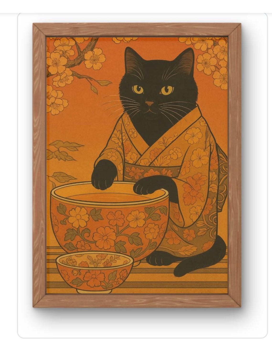 Black Cat In Floral Kimono Holding Big Tea Bowl Japanese Poster