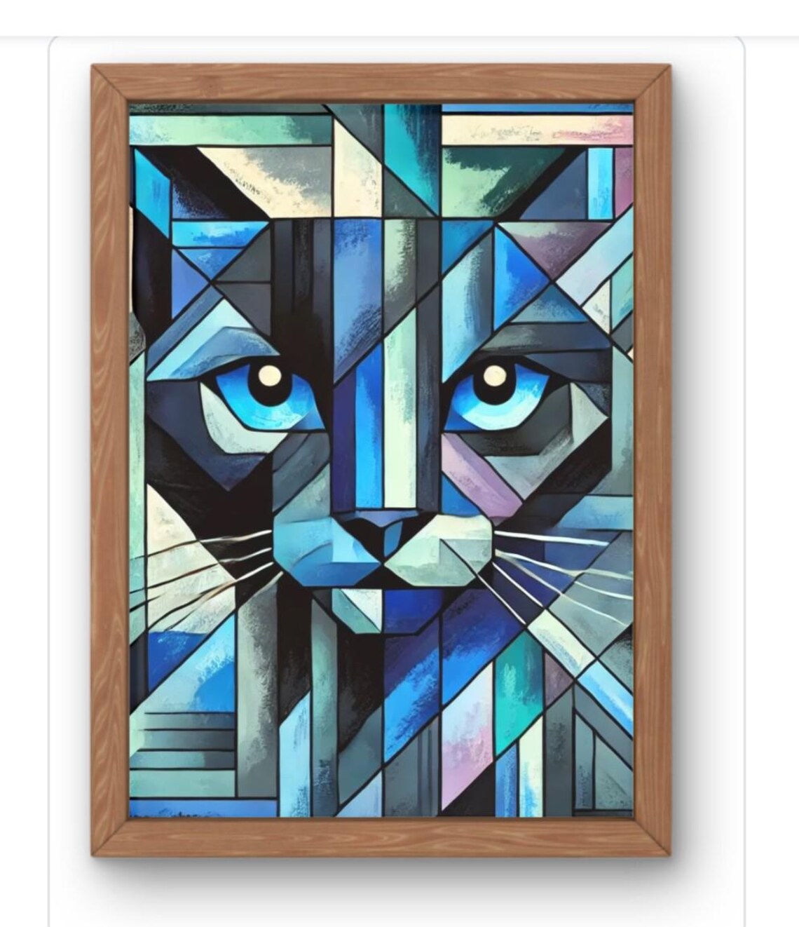 Blue Mosaic Cat Face Bright Blue Eyes Stained Glass Style Feline Wall Art