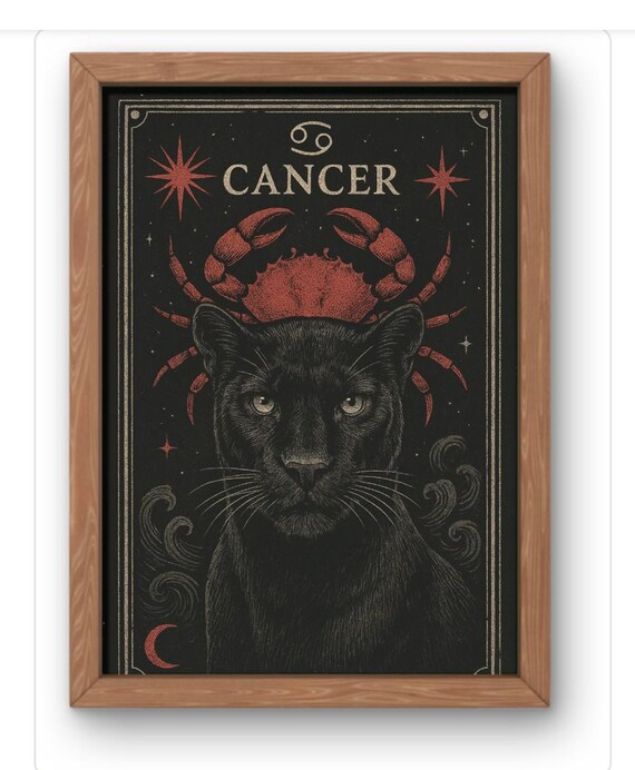 Cancer Zodiac Wall Art Wild Cat Astrology Print Gift For Him Or Her Celestial Big Poster Water Sign Decor Available A5 A1