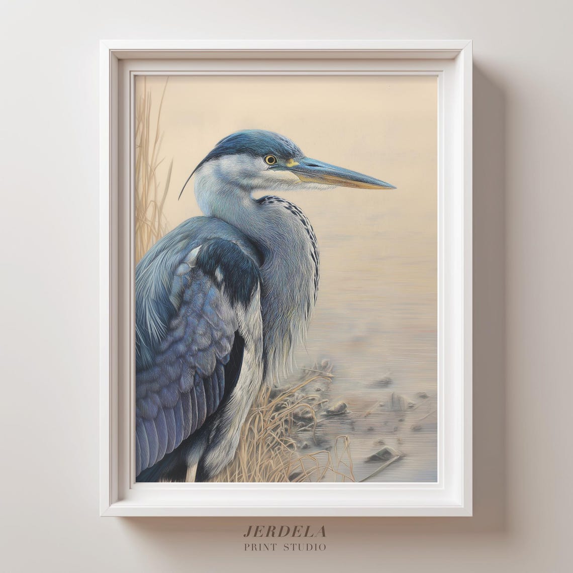 Grey Heron Waterside Colored Pencil Wildlife Bird Art Poster