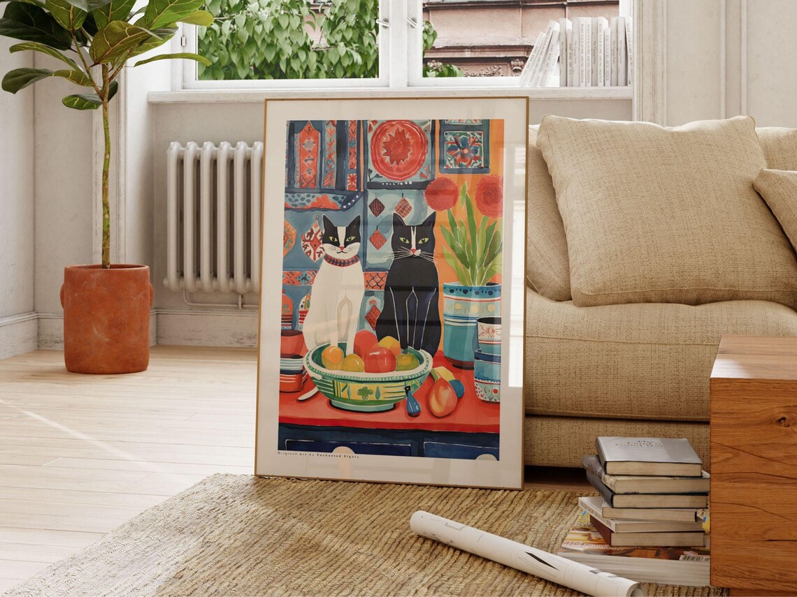 Two Cats Guarding A Fruit Bowl Moroccan Tile Kitchen Art Poster - Image 2