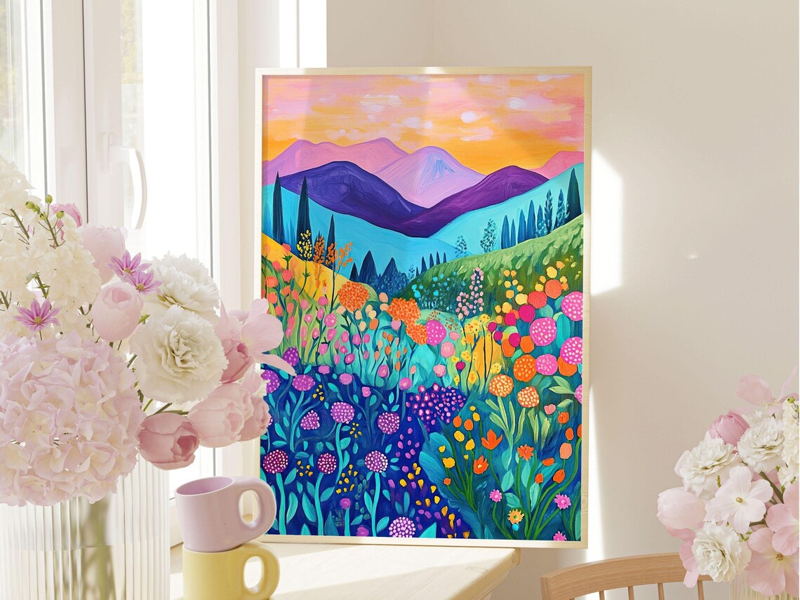 Wildflower Meadow Sunset Purple Mountains Colorful Floral Art Poster - Image 3