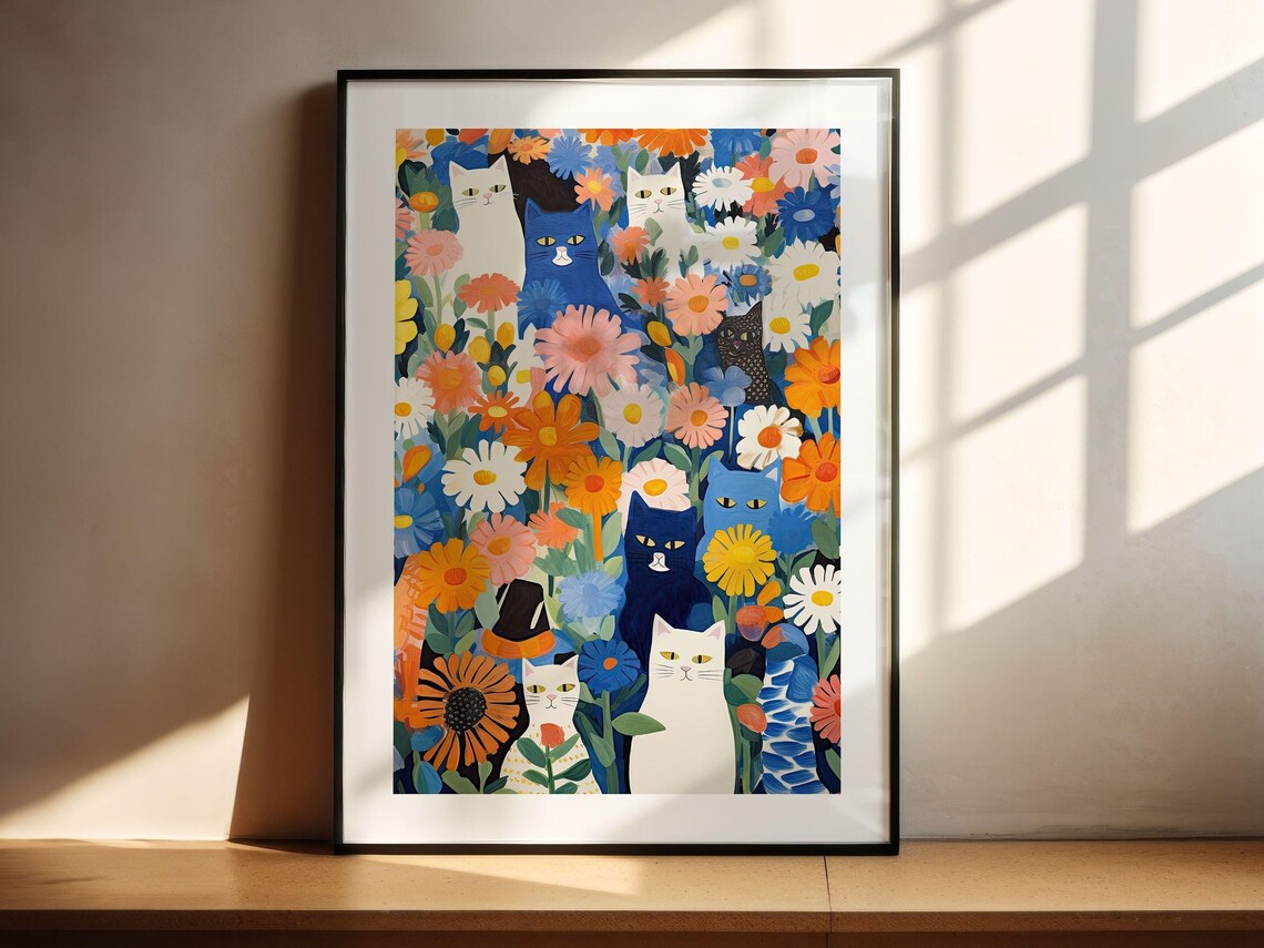Whimsical Cats Peeking Out Among Bright Daisies Floral Art Poster - Image 2