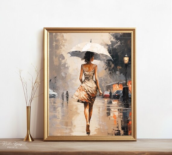 Woman Walking In Rain With White Umbrella City Street Oil Painting Poster