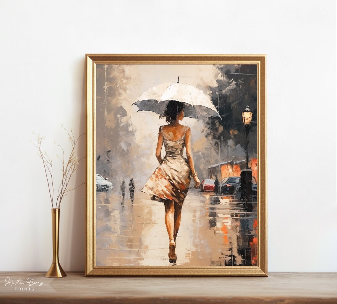Woman Walking In Rain With White Umbrella City Street Oil Painting Poster