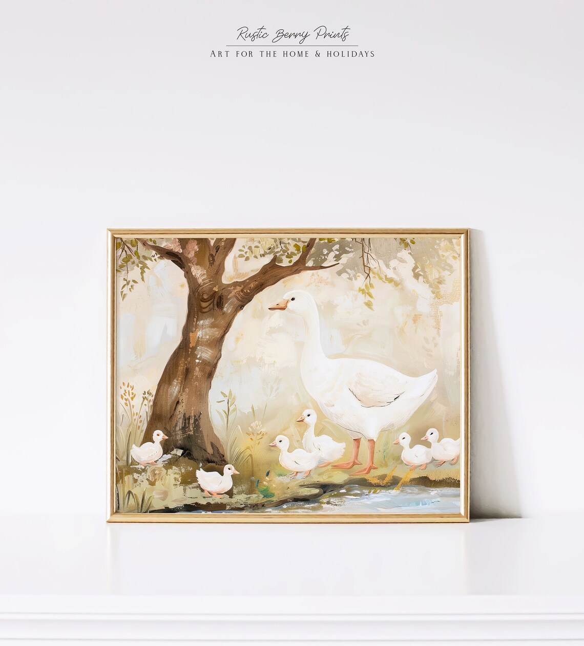 Mother Goose And Goslings By Stream Vintage Farm Painting Wall Art