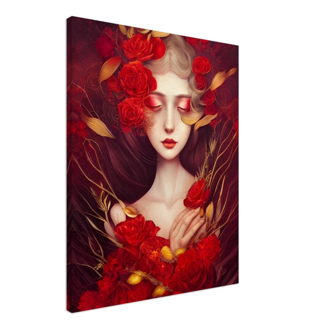 Dark Red Rose Goddess Portrait Passion Floral Fantasy Art Poster - Image 2