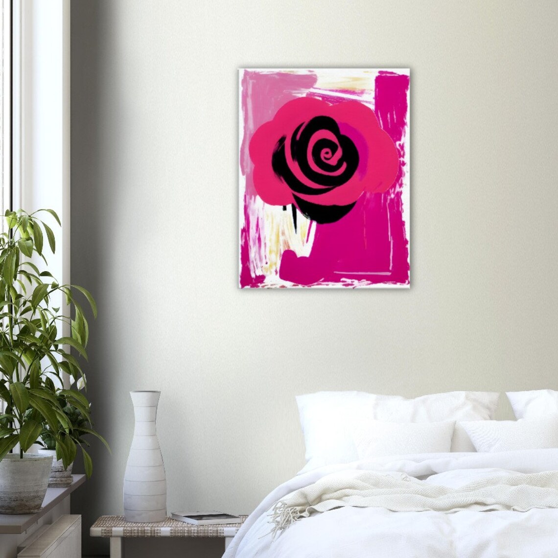 Hot Pink Abstract Rose Large Brushstroke Modern Floral Wall Art - Image 3
