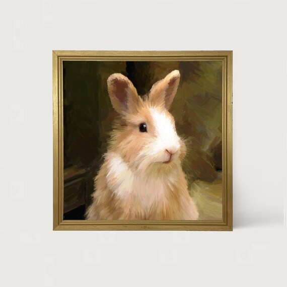 Cute Tan Bunny Rabbit Portrait Gold Frame Spring Farmhouse Wall Art