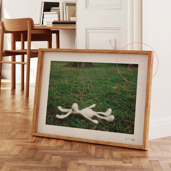 Relaxed White Felt Bunny Lying On Green Moss Cute Spring Poster
