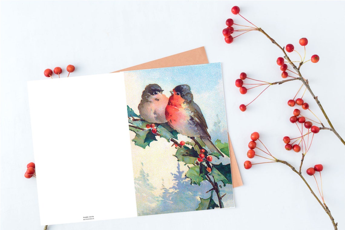 Vintage Christmas Card Art Robin Birds Holly Branch Winter Poster - Image 3