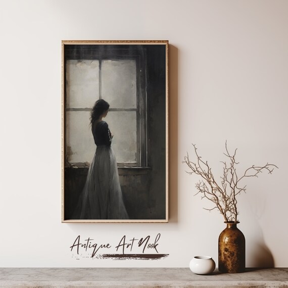 Woman in a Dark Dress by a Tall Window Moody Portrait Poster