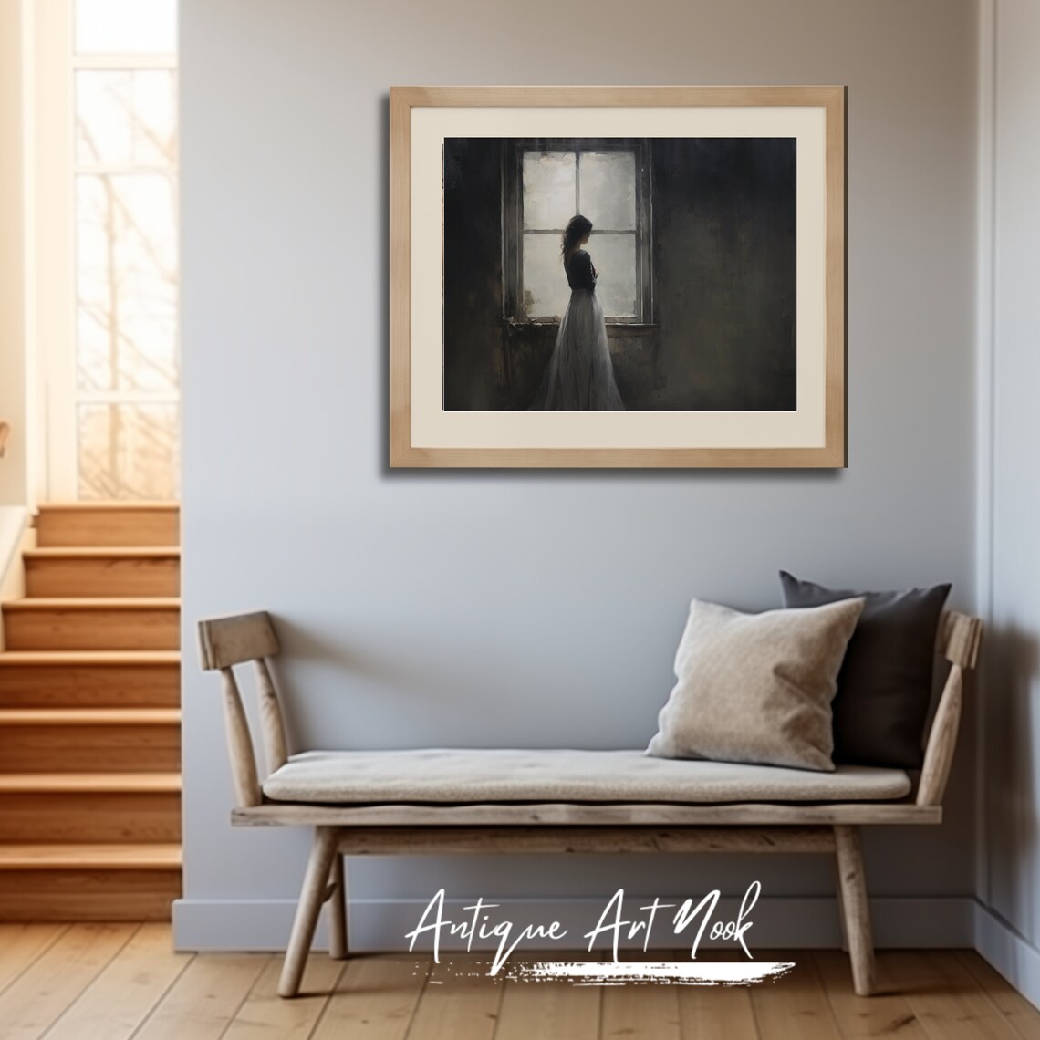 Woman in a Dark Dress by a Tall Window Moody Portrait Poster - Image 2