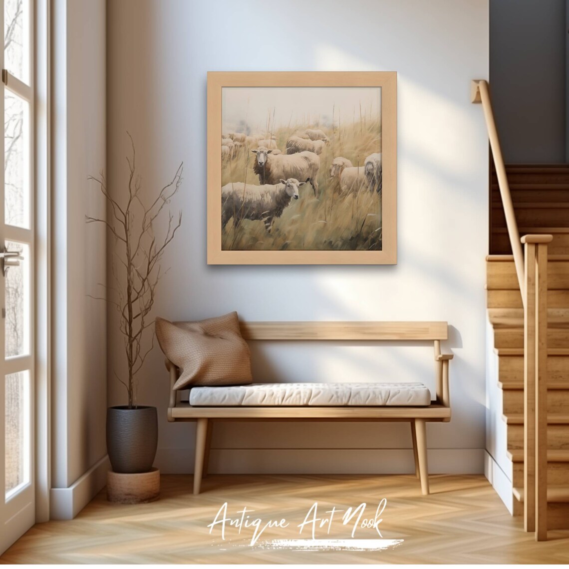 Vintage Sheep Flock Oil Painting, Farmhouse Decor - Image 2