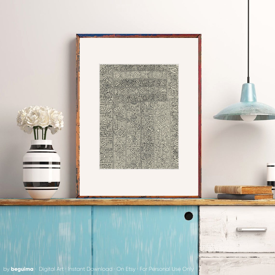 African Mudcloth Tribal Geometric Line Pattern Black Cream Poster - Image 2