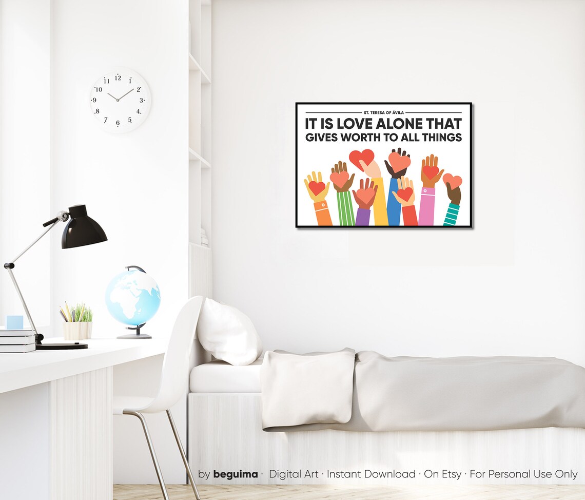Saint Teresa Of Avila Love Alone Quote Raised Hands Hearts Poster - Image 2