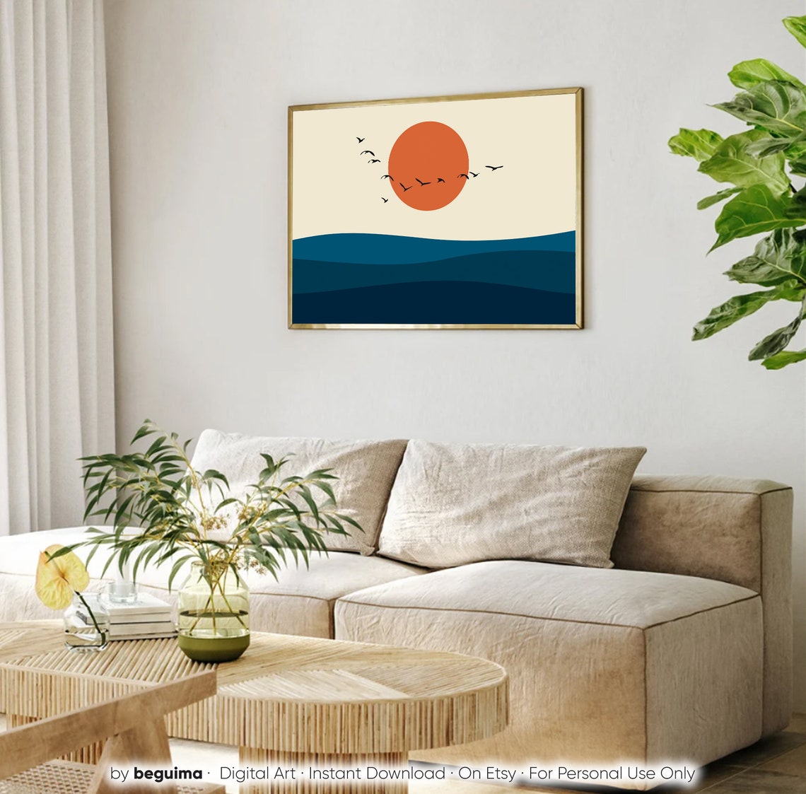 Boho Sunset Ocean Waves Bird Silhouettes Minimalist Beach Poster - Image 3