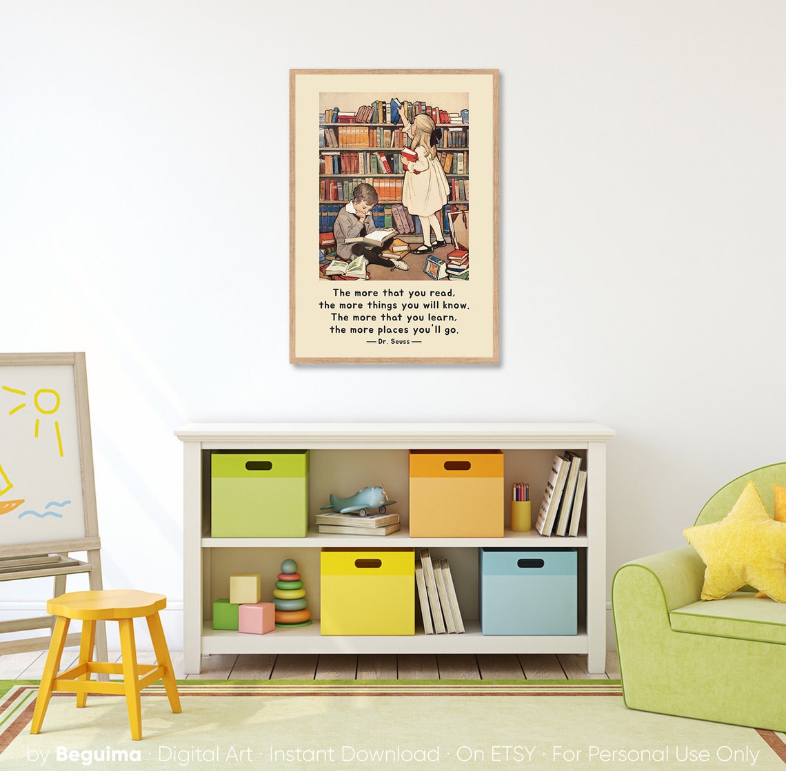 Dr. Seuss Reading Quote Kids Library Vintage Illustration Poster - Image 2