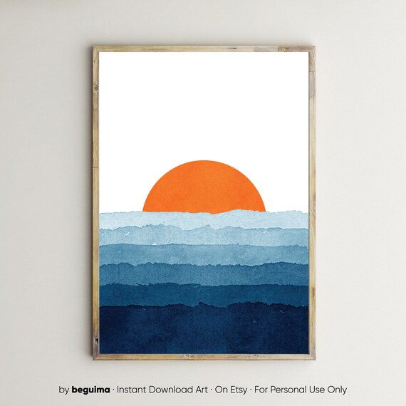Watercolor Sunset Orange Sun Over Blue Sea Layers Coastal Art Poster
