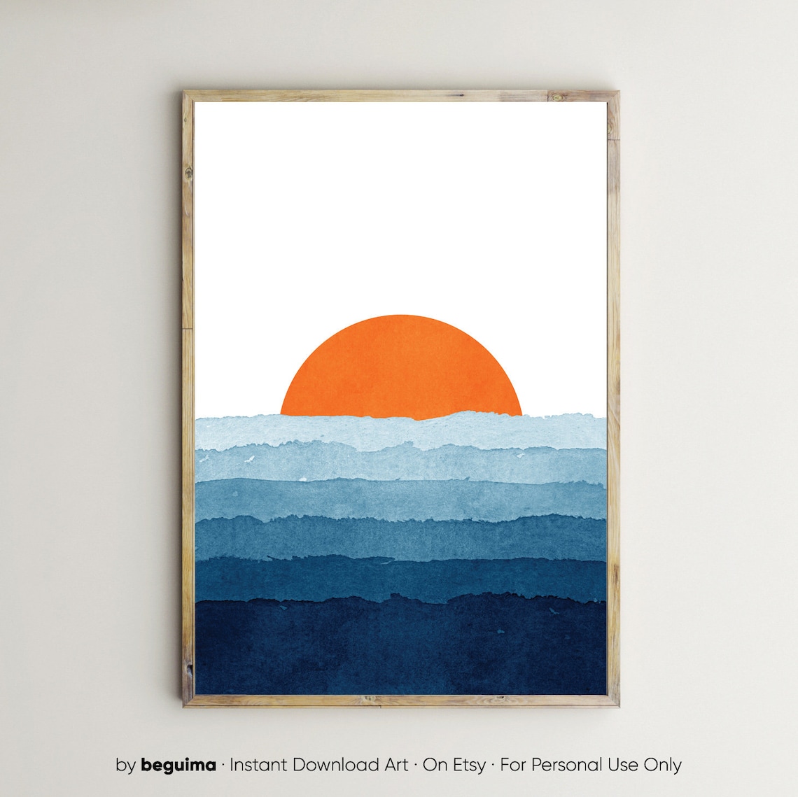 Watercolor Sunset Orange Sun Over Blue Sea Layers Coastal Art Poster