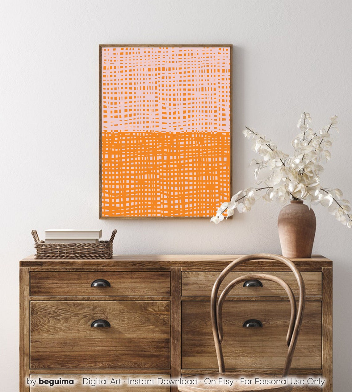 Orange Grid On Blush Pink Decorative Abstract Pattern Wall Art - Image 4
