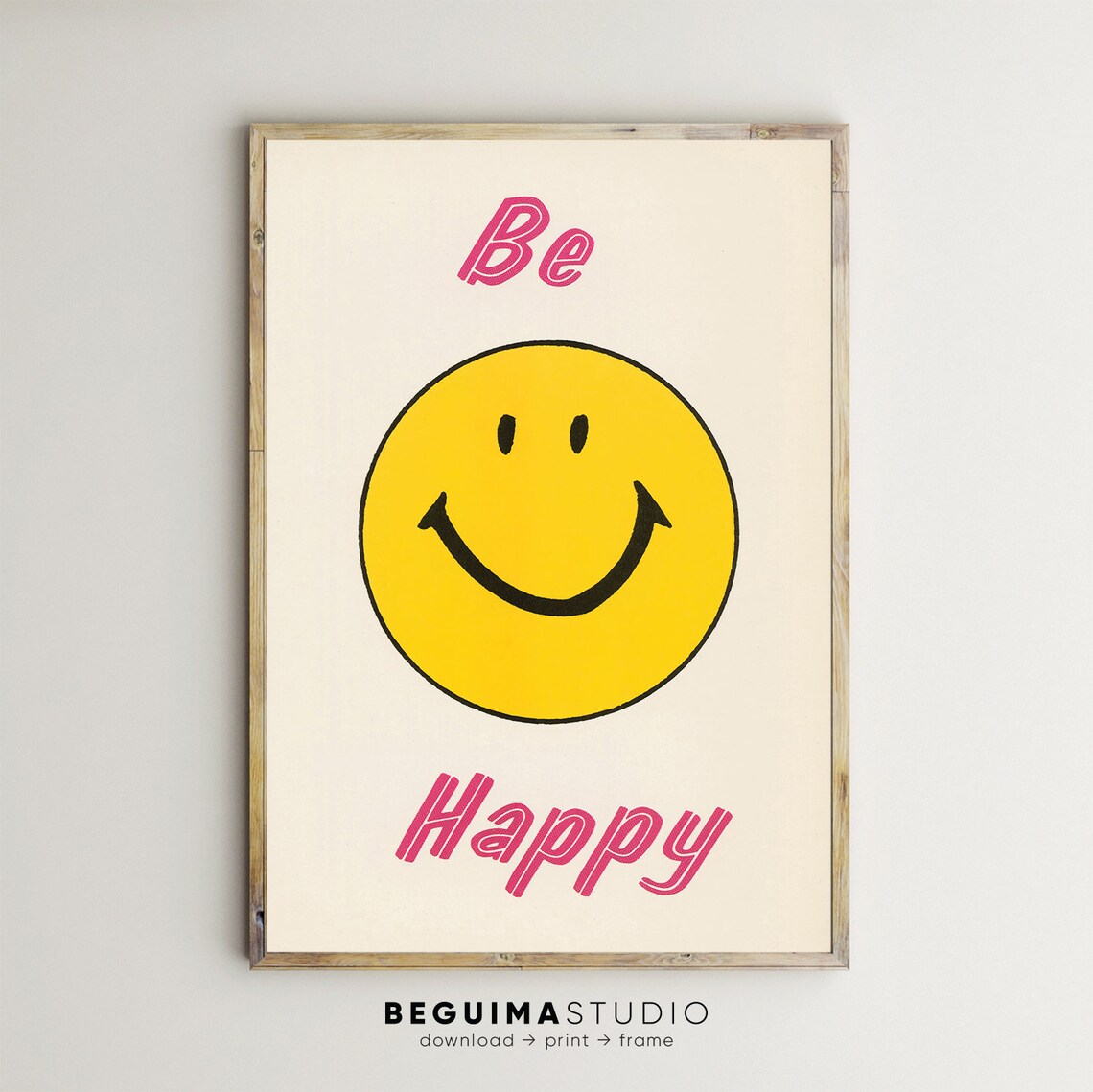 Be Happy Yellow Smiley Face Retro Positive Vibes Dorm Room Poster