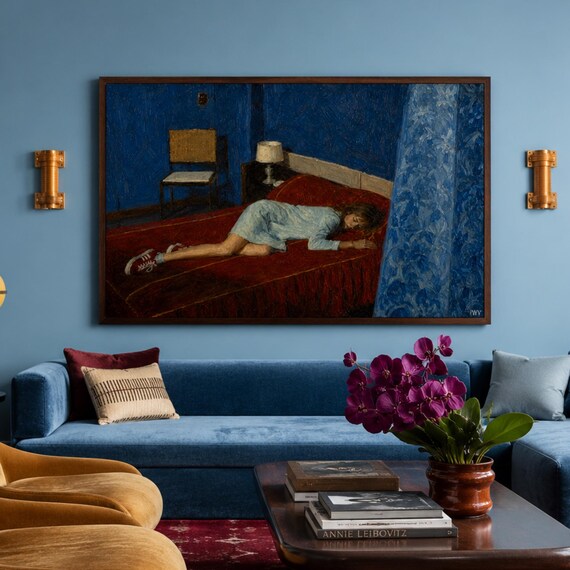 Girl Laying On Her Bed Oil Painting Print Horizontal Above Contemporary Figurative Wall Art Hand Drawn Mid Century Retro Poster
