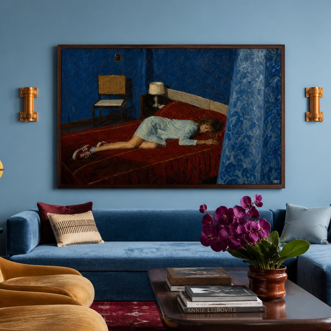 Girl Resting on Red Bed Blue Room Expressive Oil Painting Poster