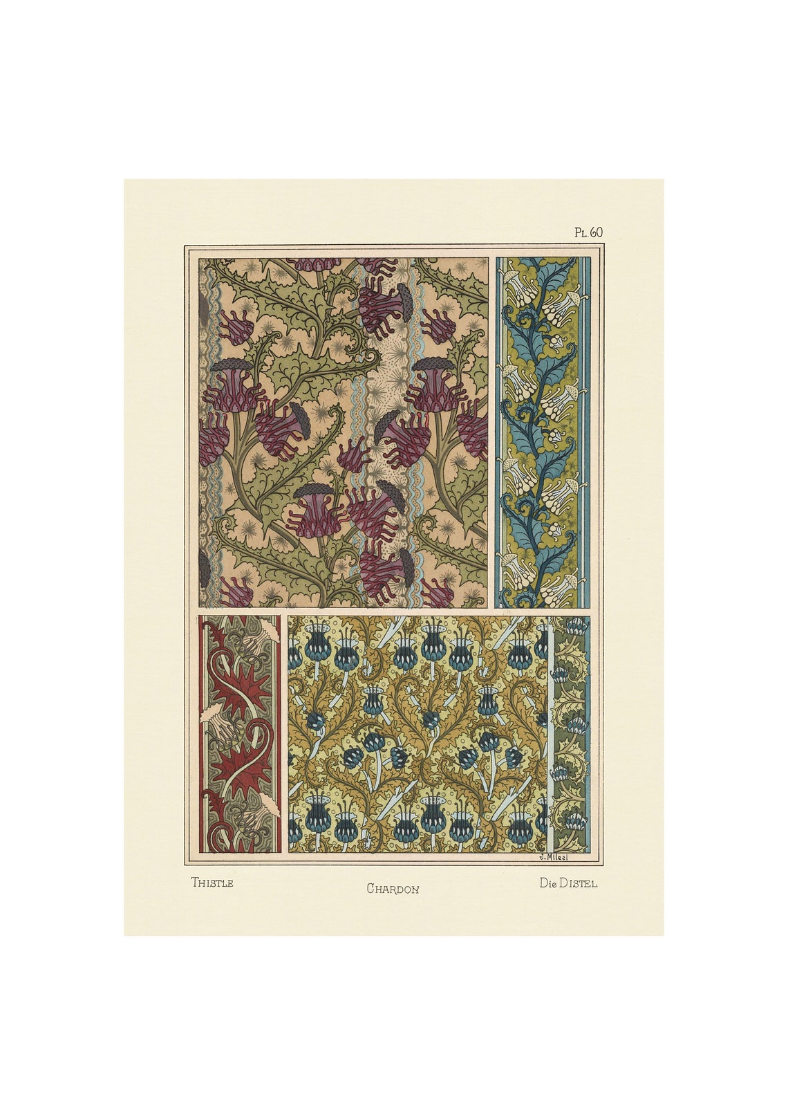 1896 Art Nouveau Thistle Burgundy Floral Pattern Ornament Poster