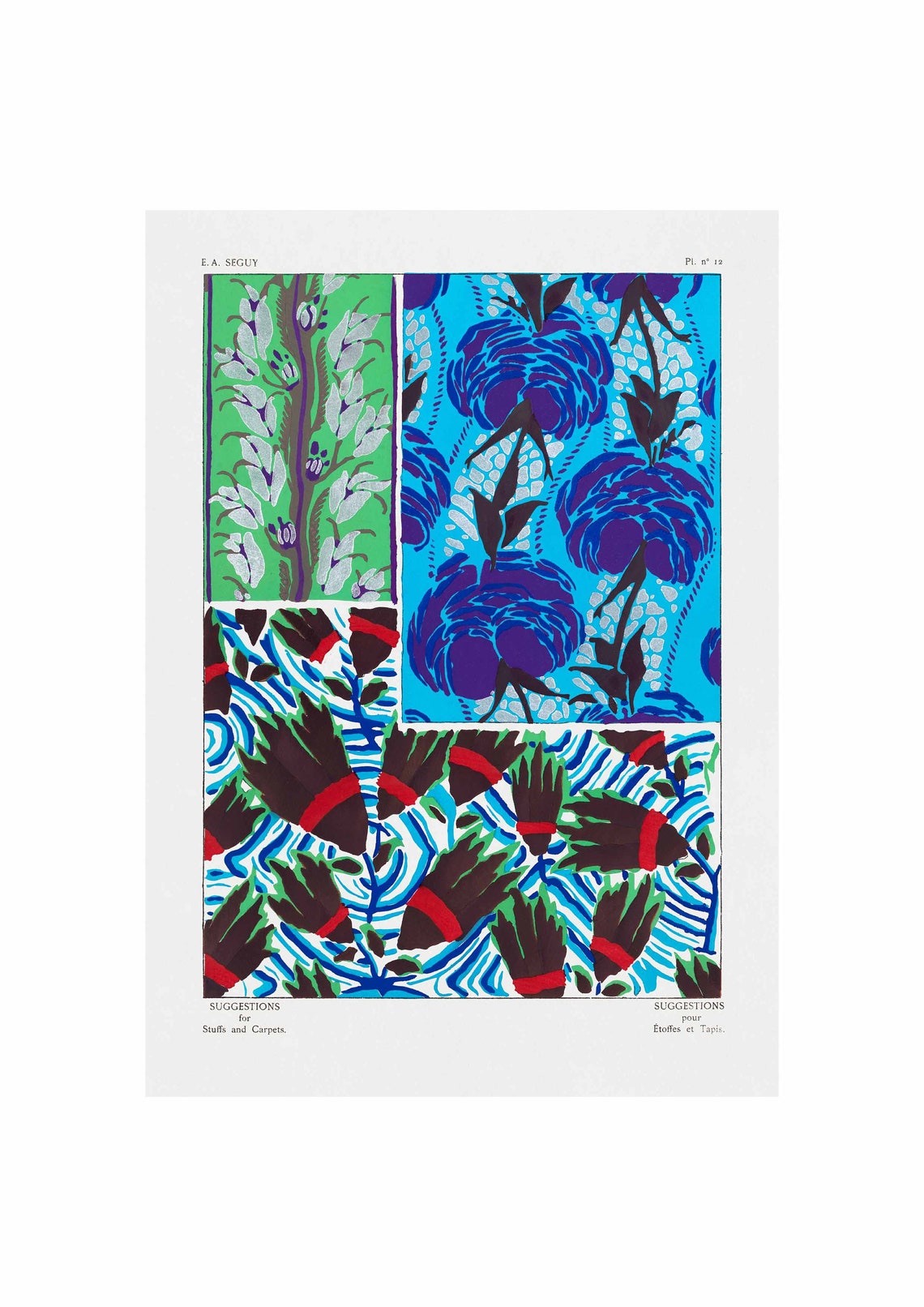 E A Seguy Suggestions Plate 12 Cabbage Rose Dark Leaf Pattern Poster