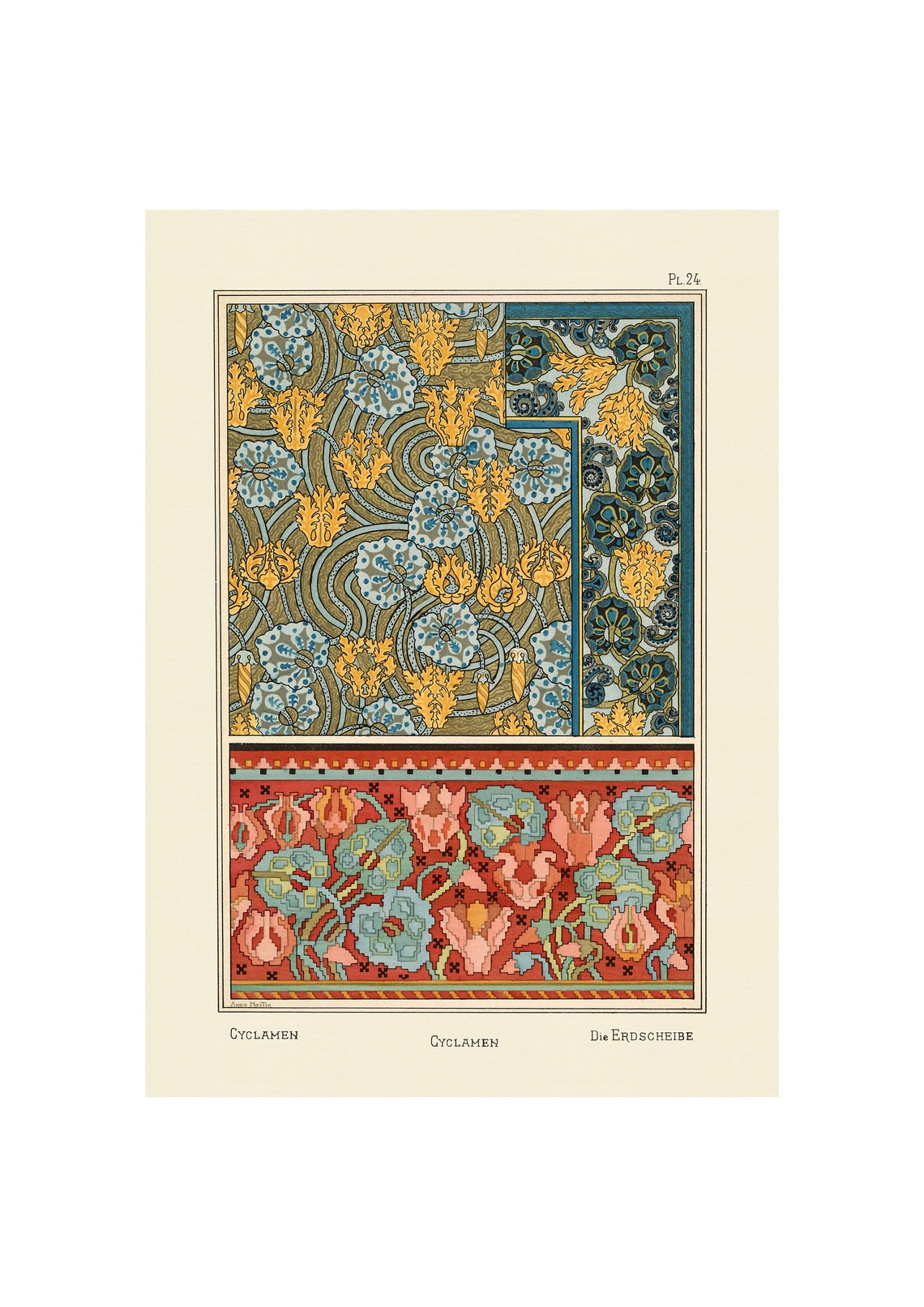 Art Nouveau Cyclamen Gold Blue Floral Wallpaper Pattern Poster