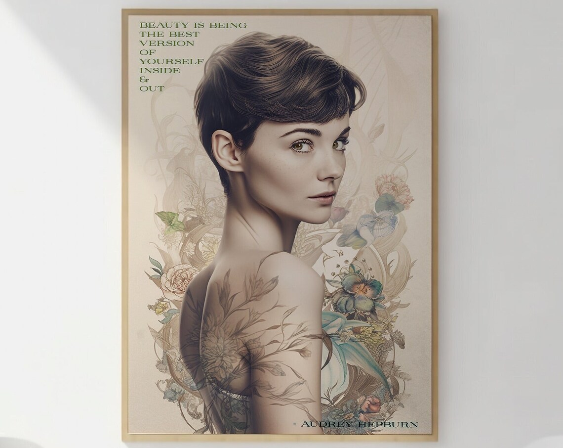 Audrey Hepburn Inspired Beauty Quote Floral Portrait Wall Art