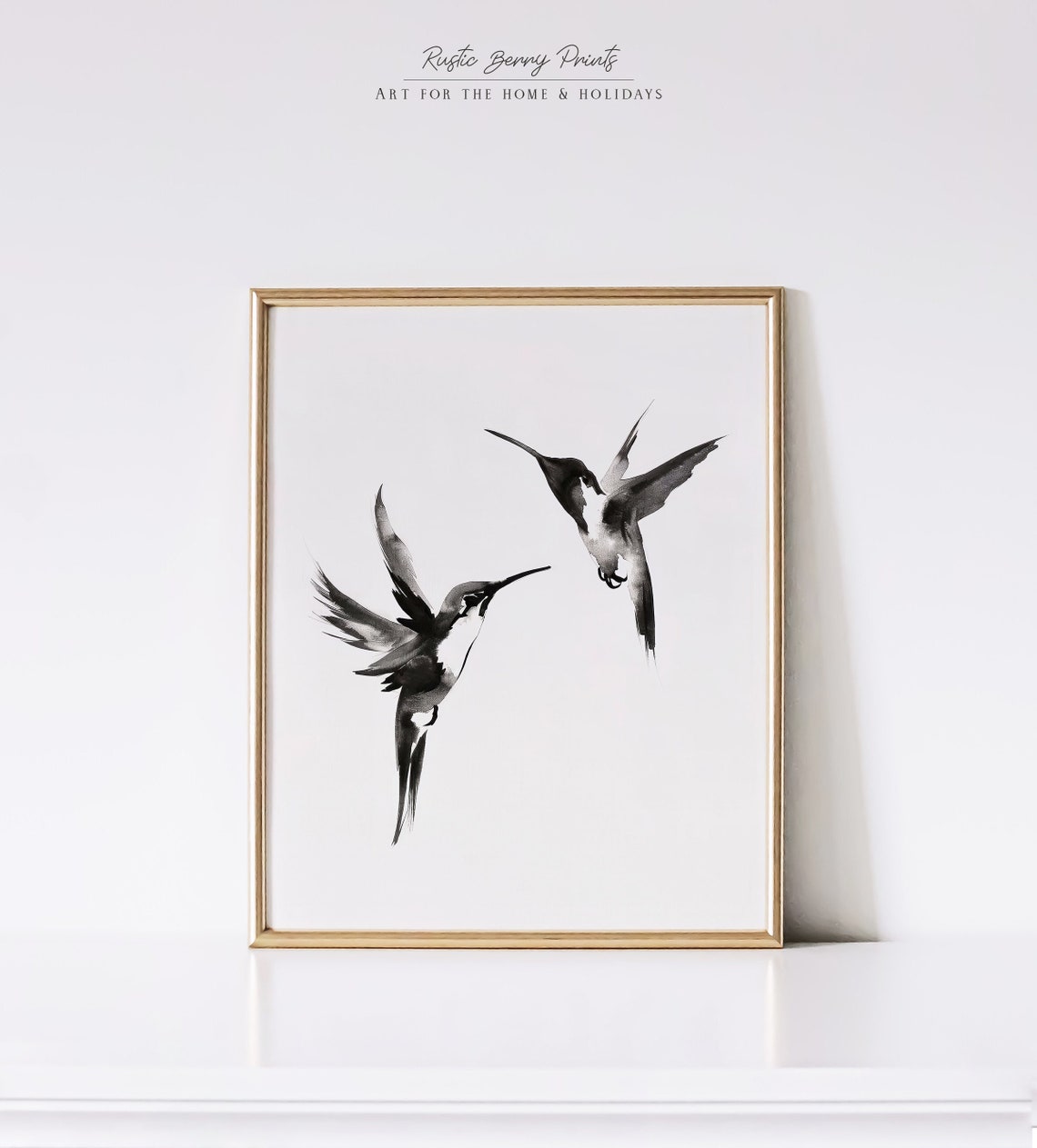 Two Hummingbirds Black Ink Wash Painting Minimalist Bird Wall Art