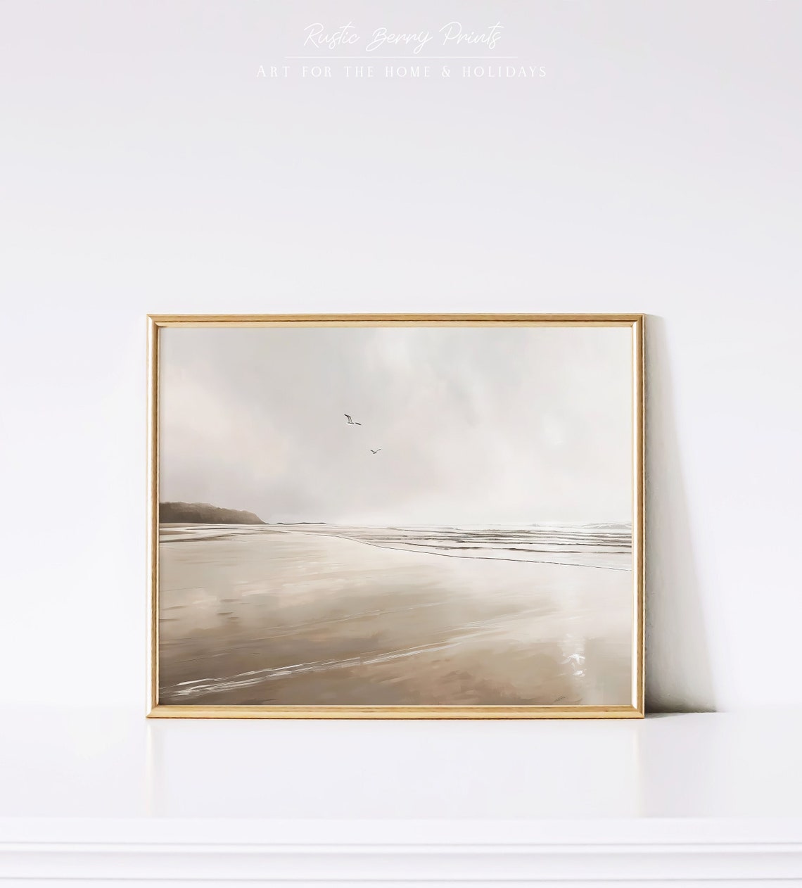 Misty Beige Shoreline Wet Sand Birds Minimal Coastal Art Poster