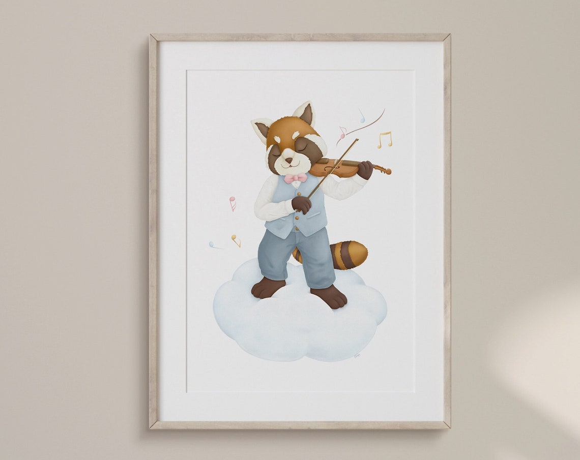 Red Panda Playing Violin Cloud Nursery Music Room Decor Poster