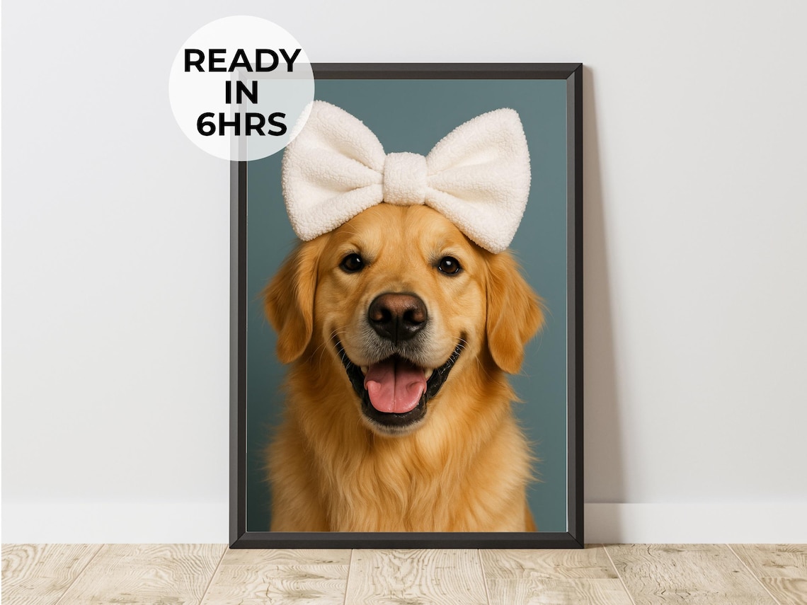 Custom Bow Pet Portrait, Funny Spa Day Art