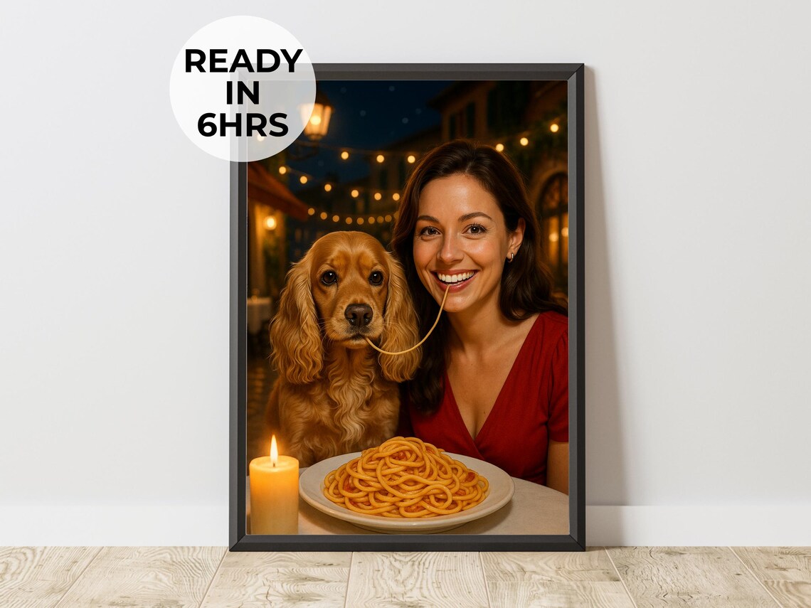 Custom Romantic Spaghetti Dinner Pet Owner Portrait Cocker Dog Date Poster