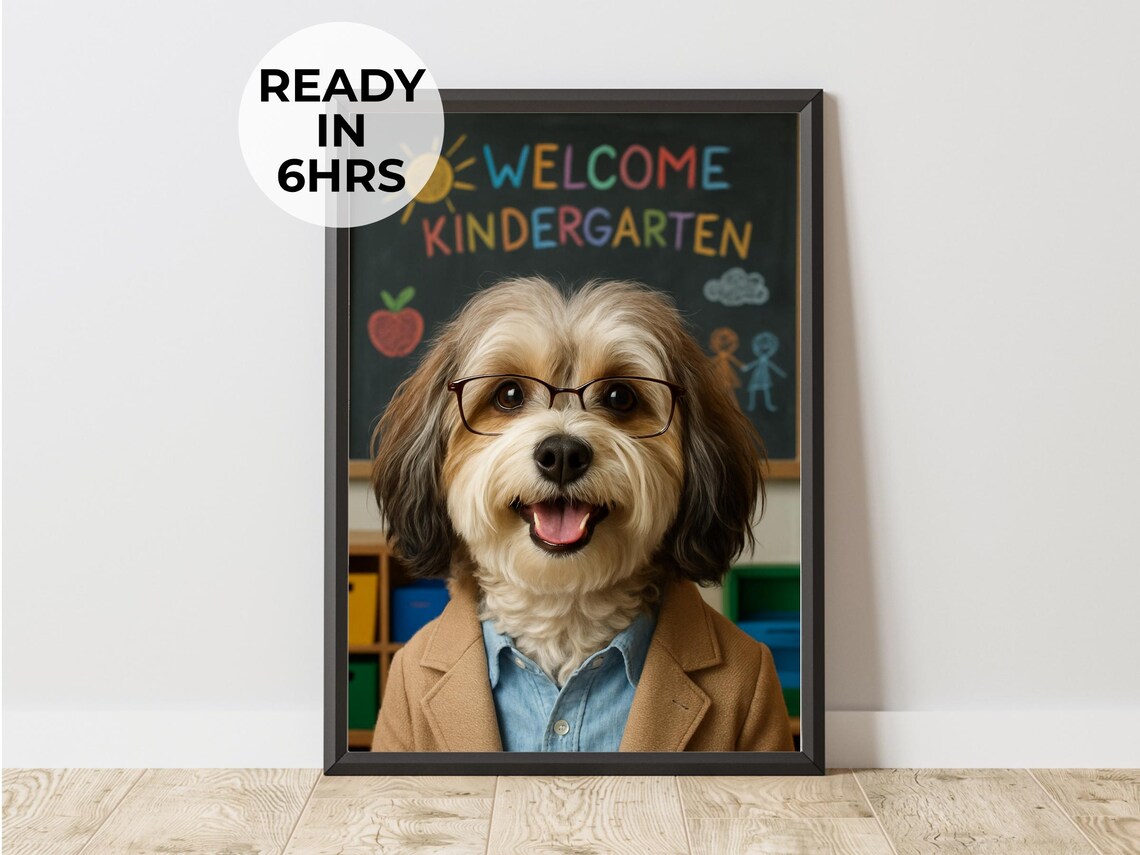 Custom Dog Portrait Dressed as a Teacher in Front of Classroom Wall Art