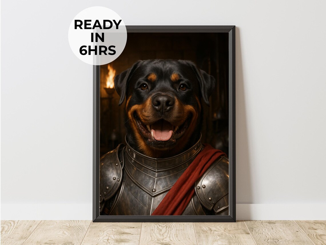 Rottweiler in Medieval Knight Armor Funny Dog Portrait Photo Poster